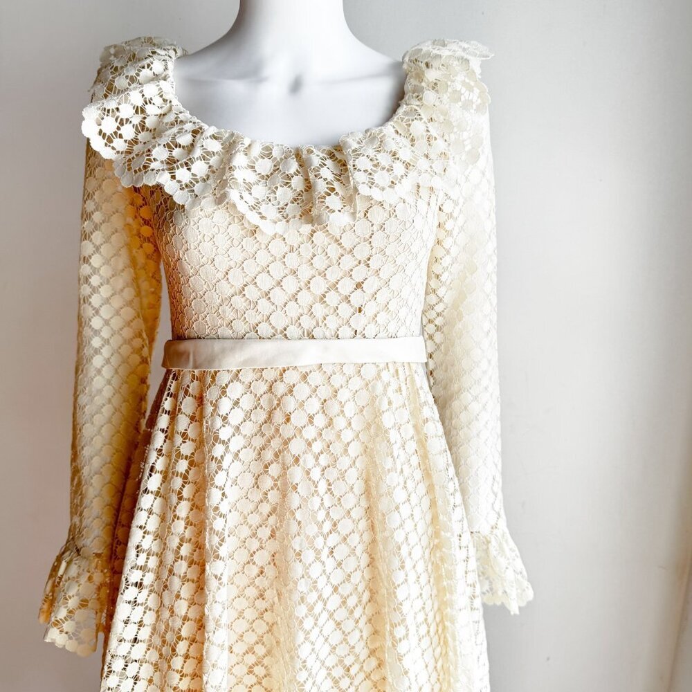 Vintage Jac An Ivory Crochet Long Sleeve A line Maxi Dress Wedding Boho S - Picture 2 of 11
